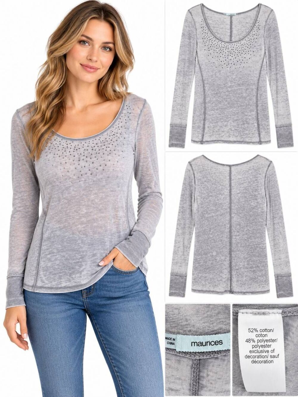 Maurices M Gray Studded Burnout Scoop Neck Long Sleeve Top
